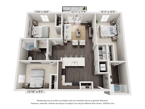 Floor plan for 3 beds, 2 baths, 1177 sqft